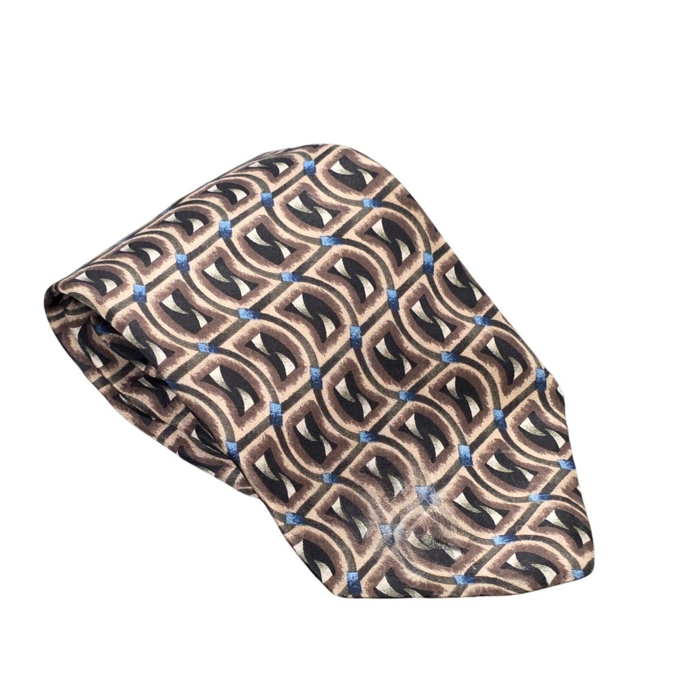 Vintage Geoffrey Beene Long Silk Geometric Tie Men's Brown Black Navy Abstract